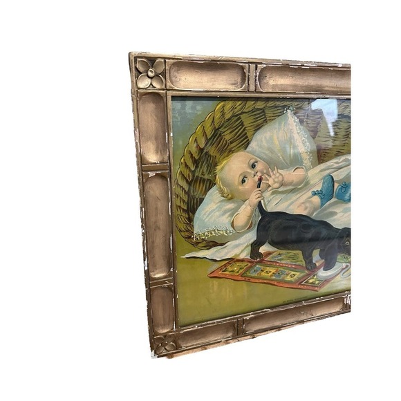 Framed lithograph 1911 baby and dog An Even Exchange - Picture 4 of 12